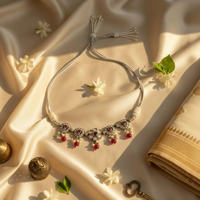 Silver Choker on Silk Fabric