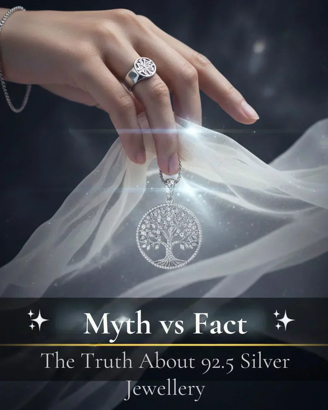 Women hand holding a silver ornament in moonlit background describing myth and fact about silver jewellery