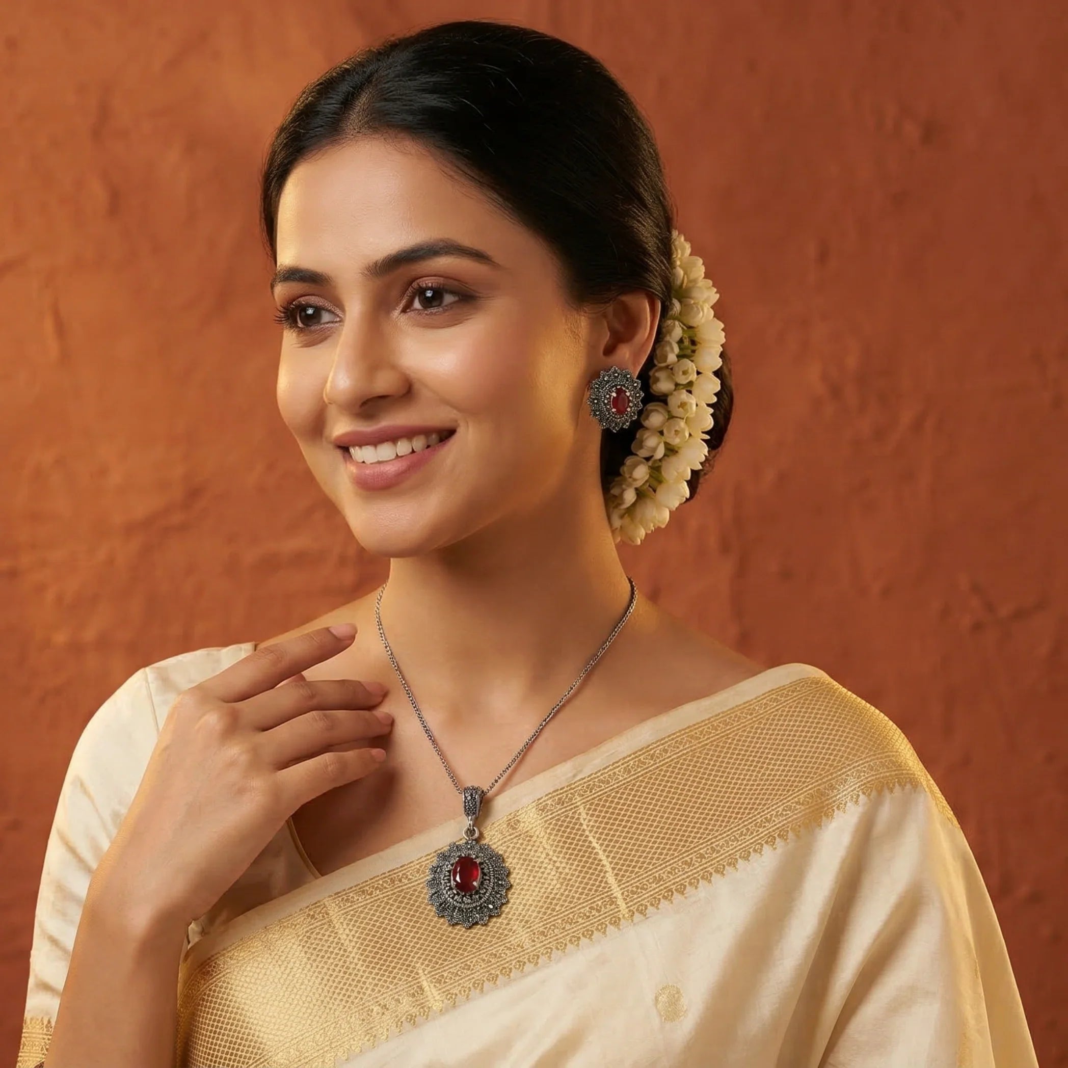 Silver Pink Stone Pendant Set