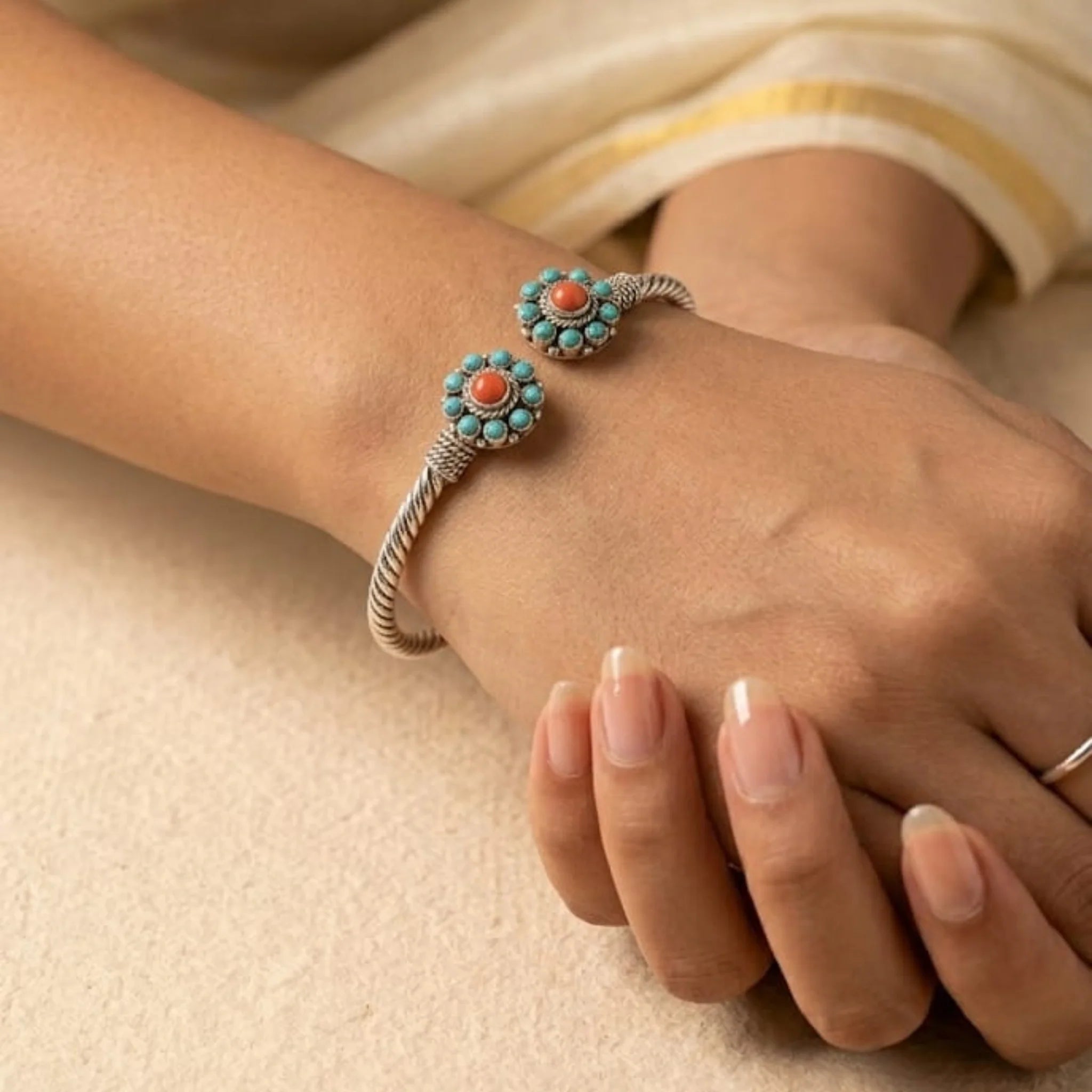 Turquoise Coral Stones Silver Bracelet