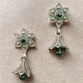 Vintage Silver Floral Drop Earrings with Green Gemstones