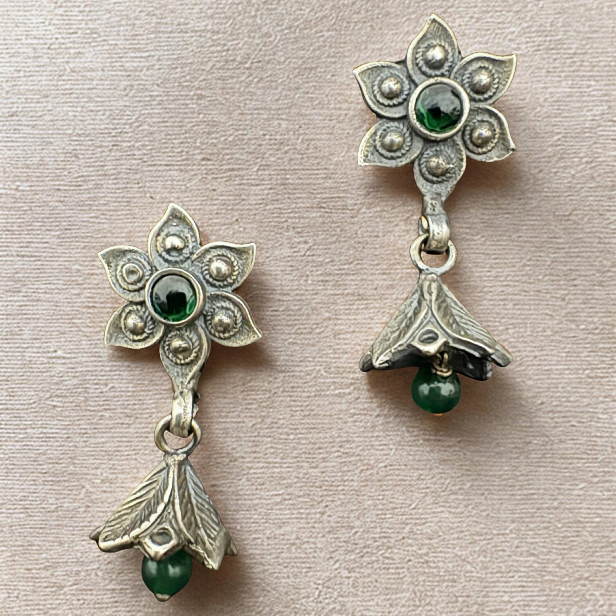 Vintage Silver Floral Drop Earrings with Green Gemstones