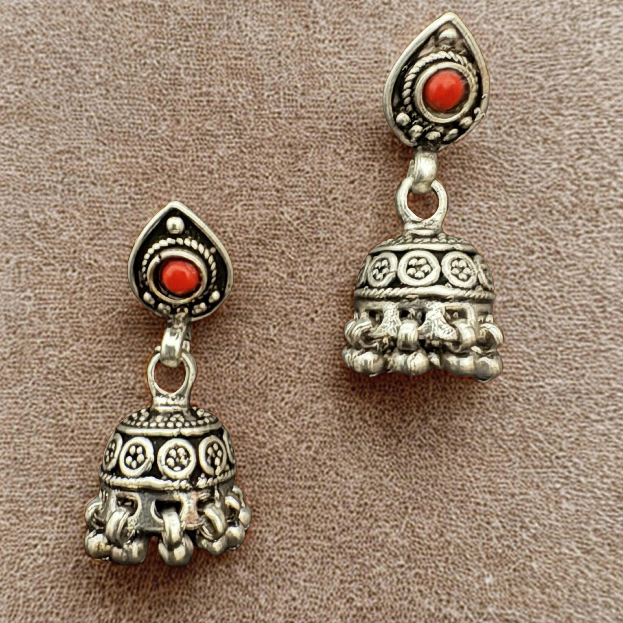 Vintage Silver Jhumka Earrings with Red Coral Accent
