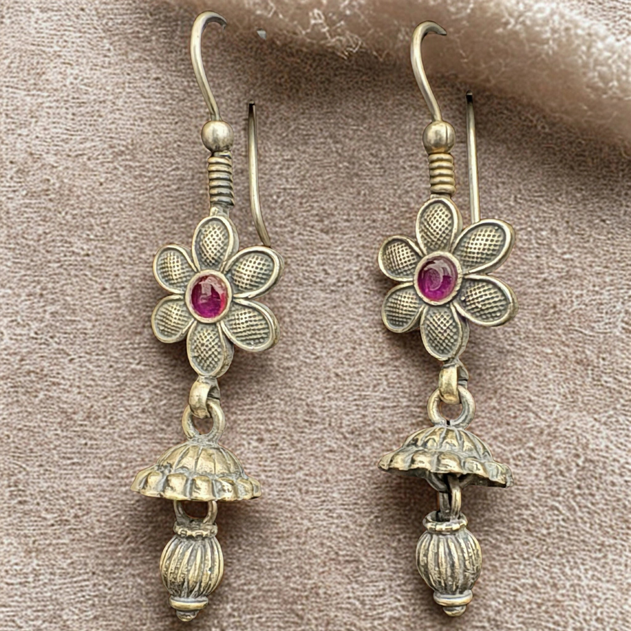 Vintage Style Silver Floral Earrings with Red Stone Detail