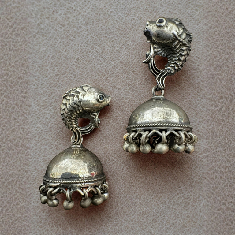 Vintage Silver Fish Motif Jhumka Earrings
