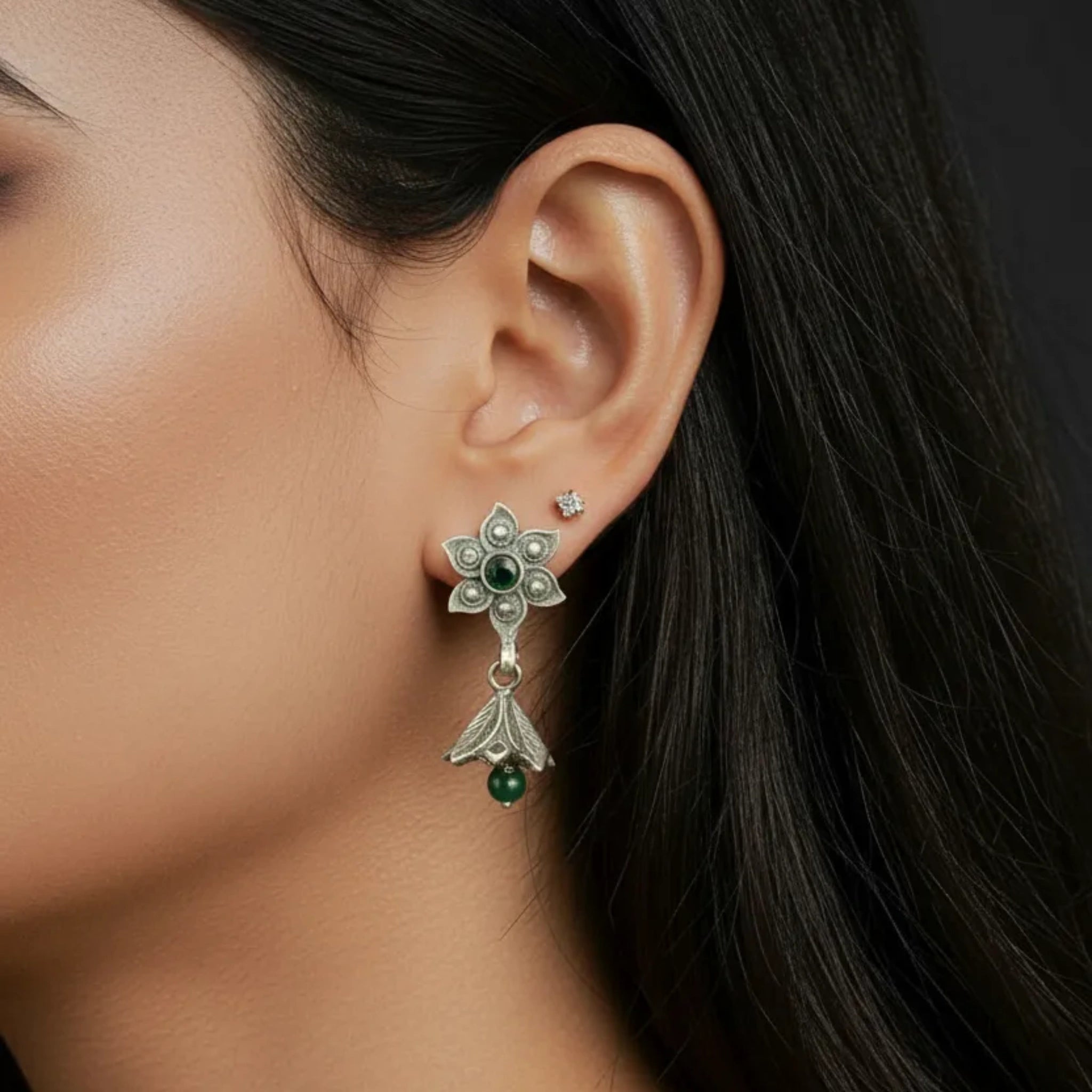 Vintage Silver Floral Drop Earrings with Green Gemstones - Bhavya Silvers
