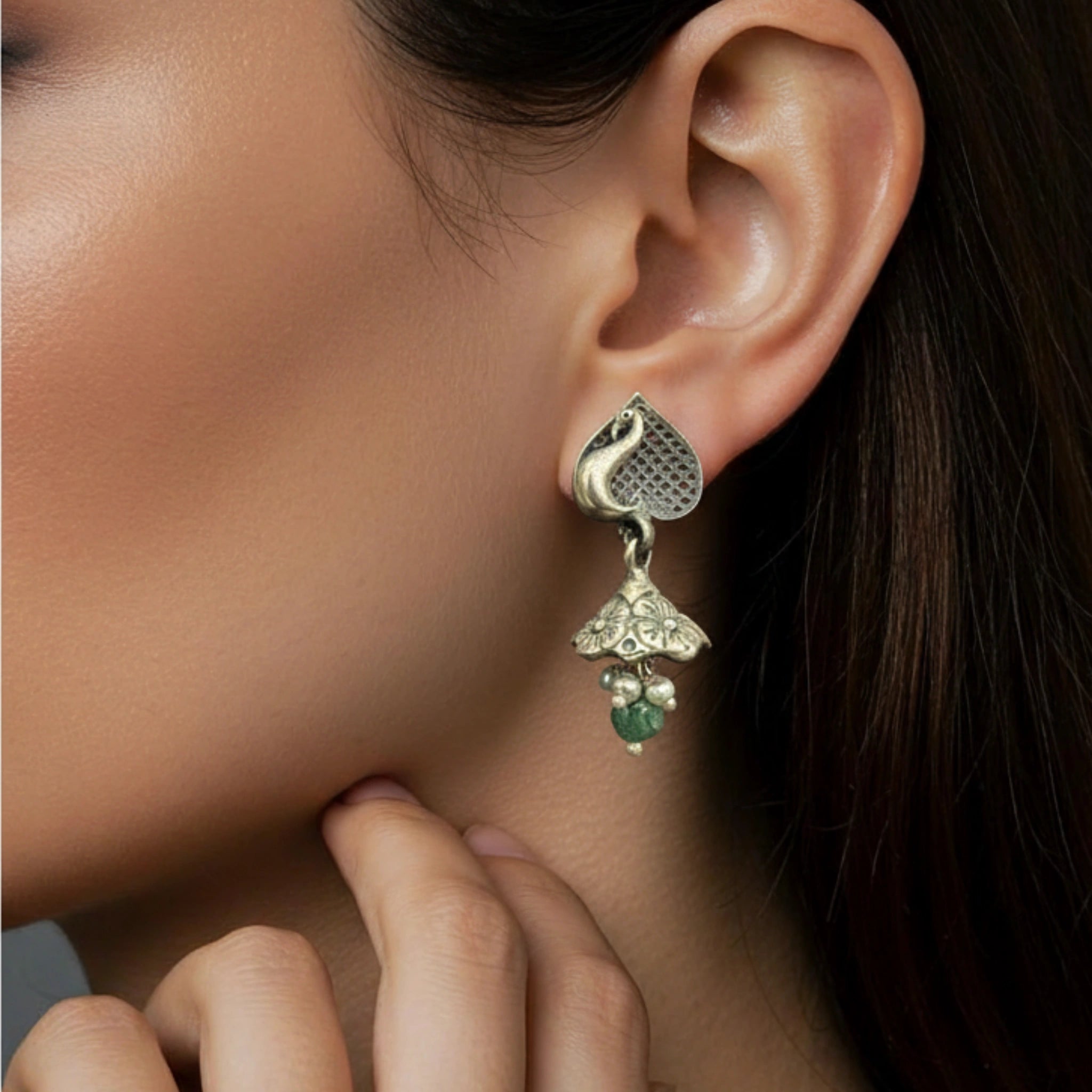 Silver Floral Drop Earrings with Pearls and Green Gemstone - Bhavya Silvers