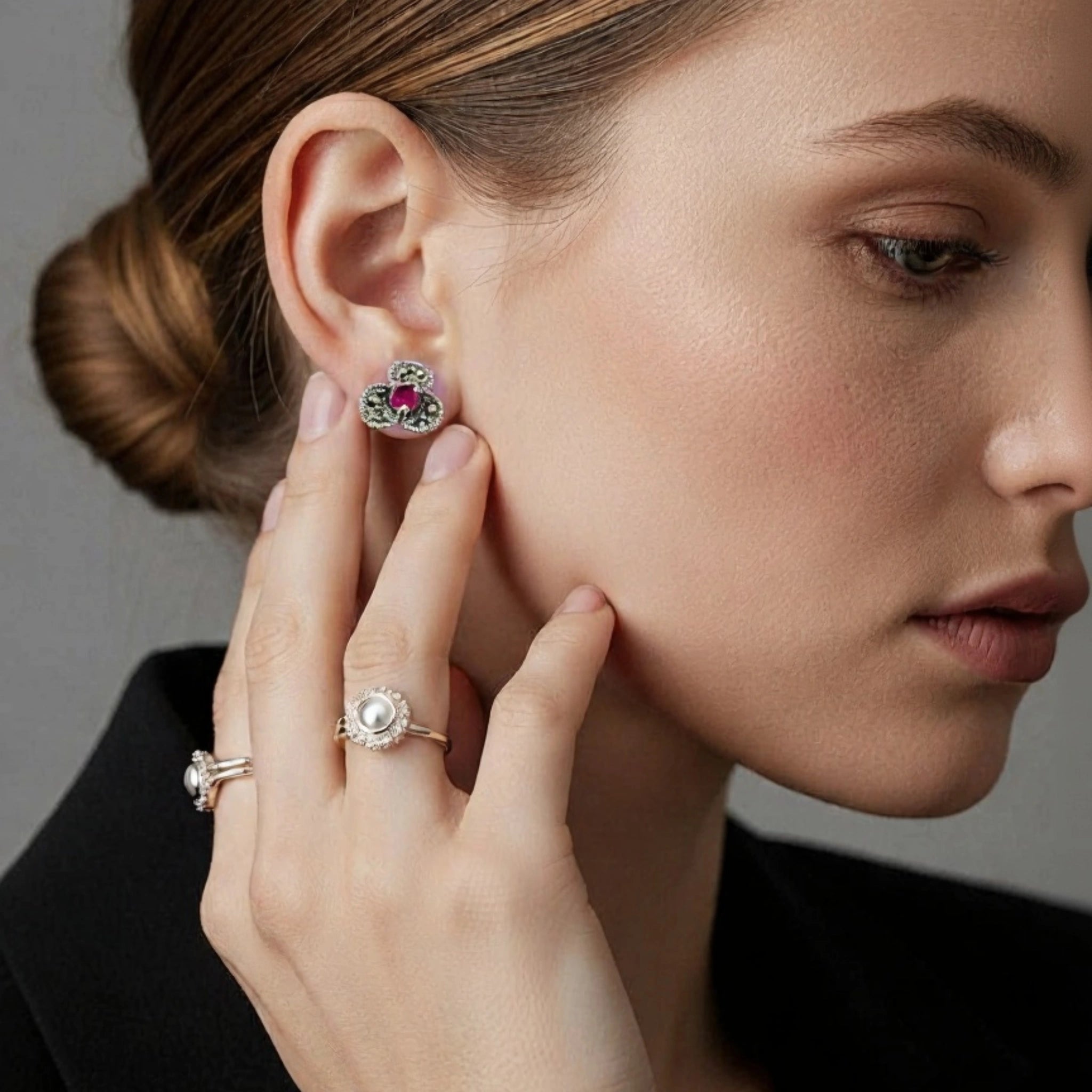 Silver Vintage Stud Earrings with Pink Gemstones & Marcasite - Bhavya Silvers