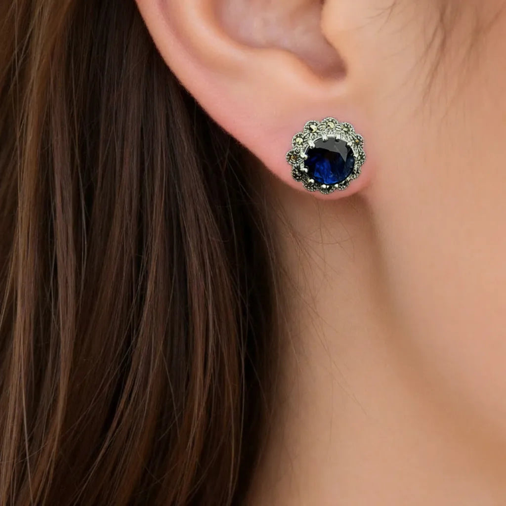 Vintage Blue Crystal Silver Stud Earrings for Elegant Style - Bhavya Silvers