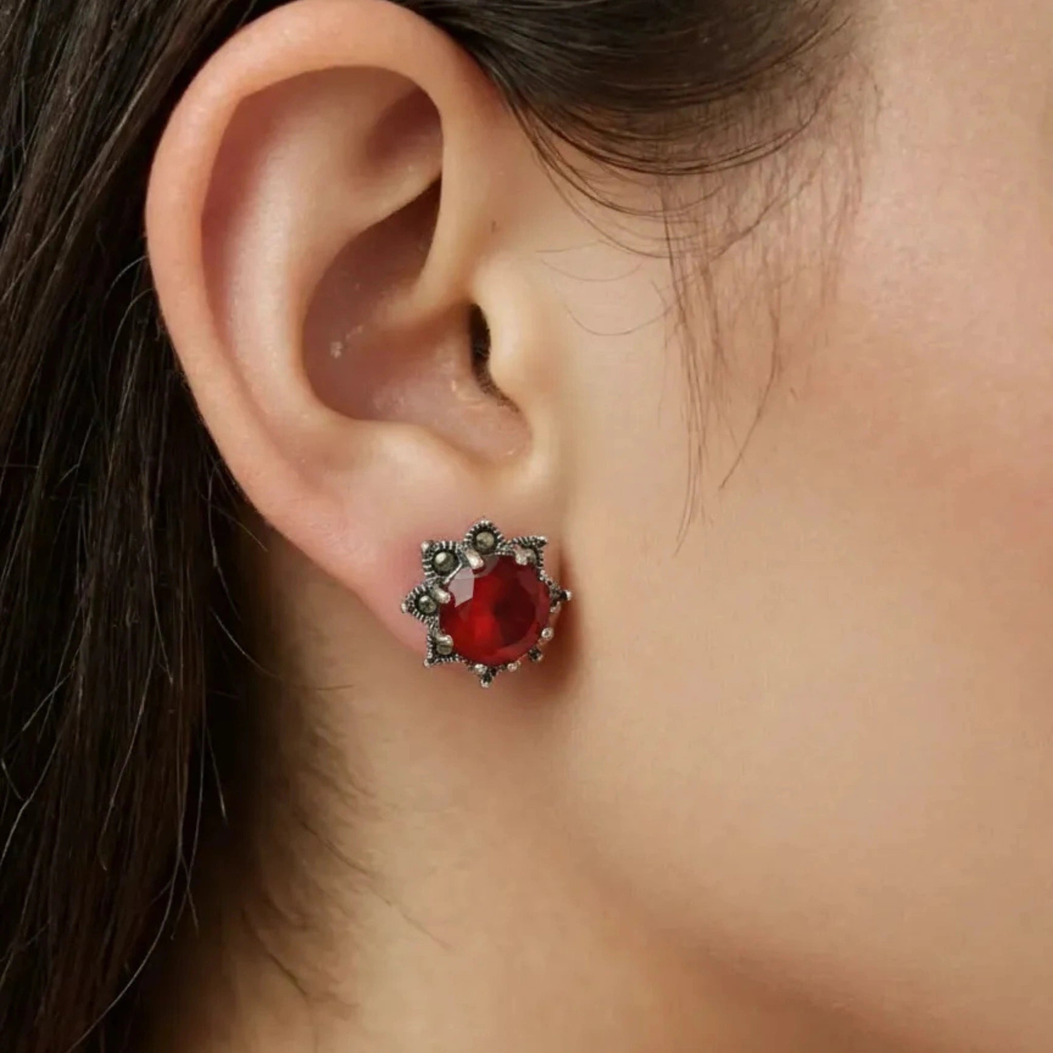 Sterling Silver Red Gemstone Stud Earrings