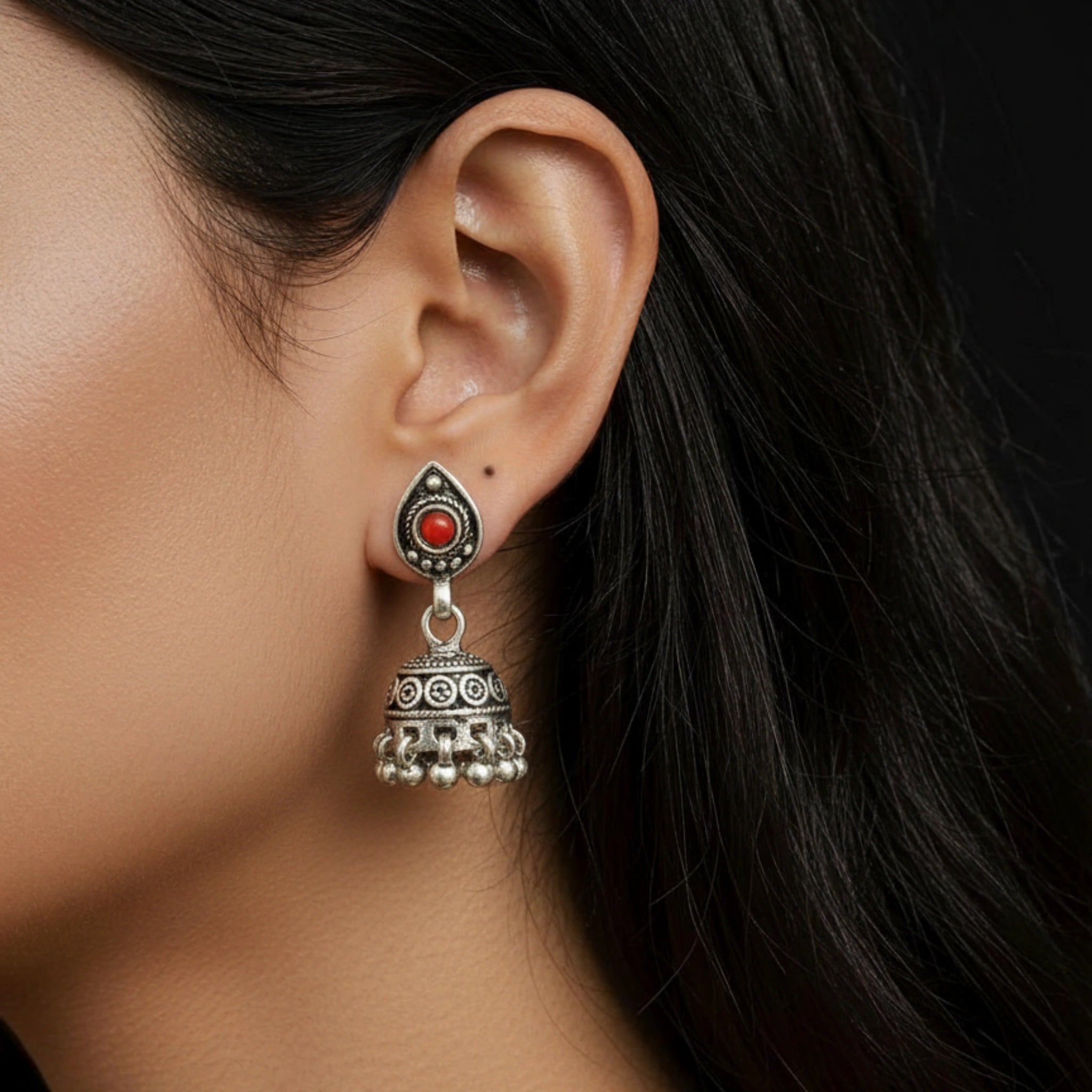 Vintage Silver Jhumka Earrings with Red Coral Accent - Bhavya Silvers
