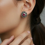 Vintage Silver Stud Earrings with Red Gemstone Center - Bhavya Silvers