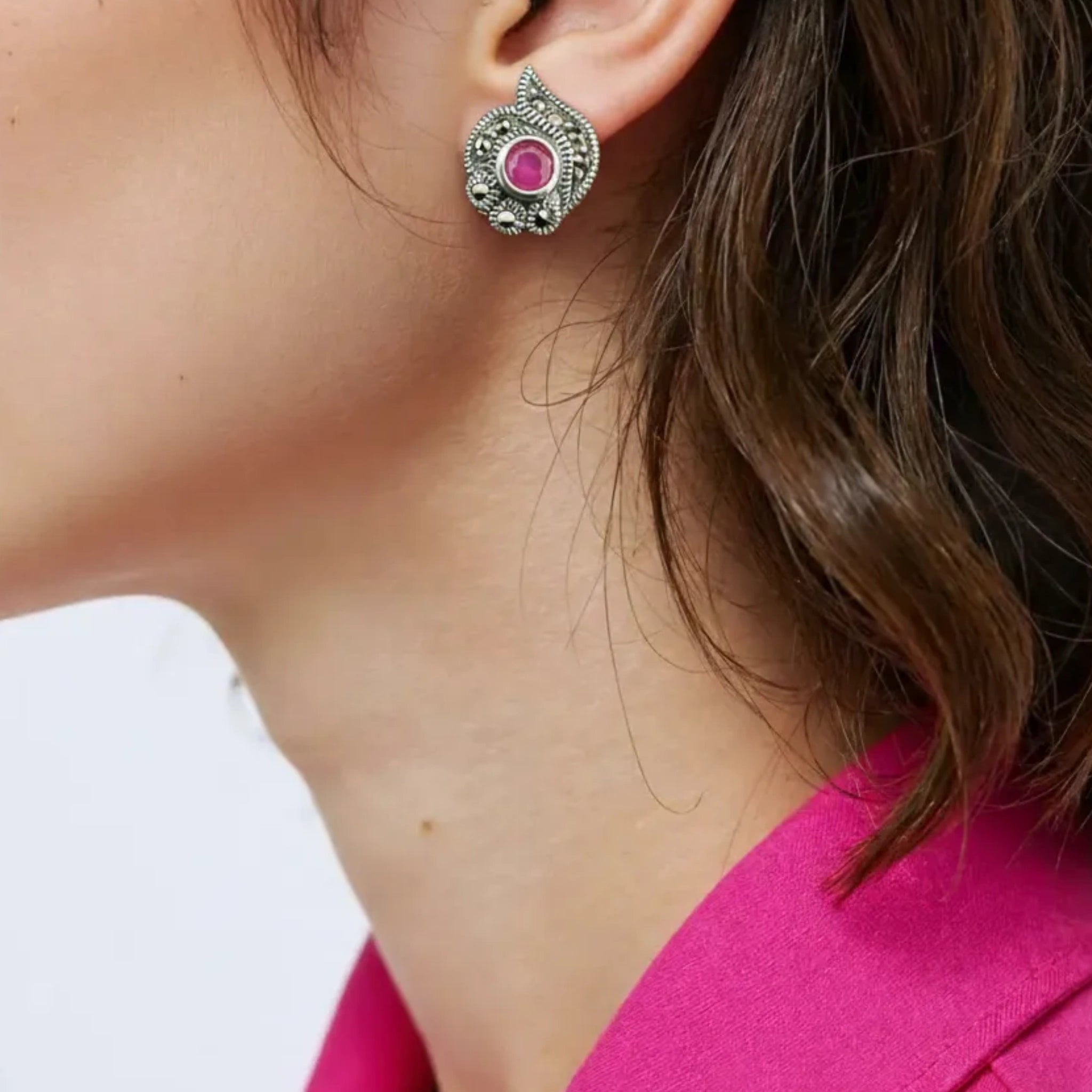 Marcasite Silver Earrings with Pink Gemstone Accent - Bhavya Silvers