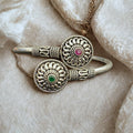 Antique Silver Adjustable Cuff Bracelet with Red & Green Gems