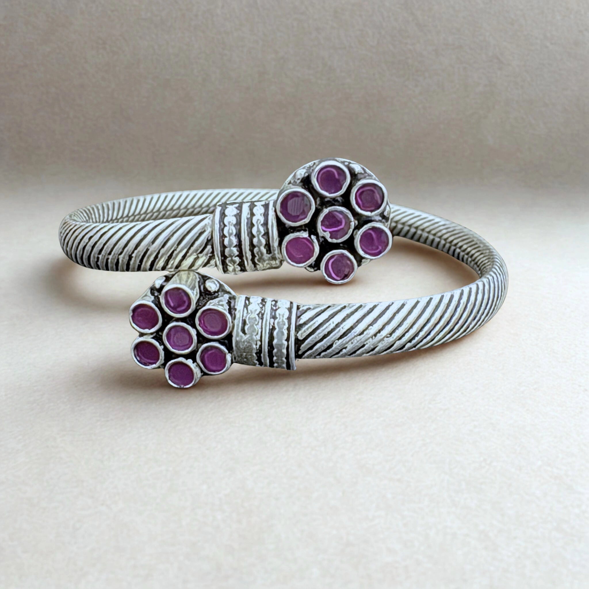 92.5 Sterling Silver Twisted Cuff Bracelet with Ruby Gemstones