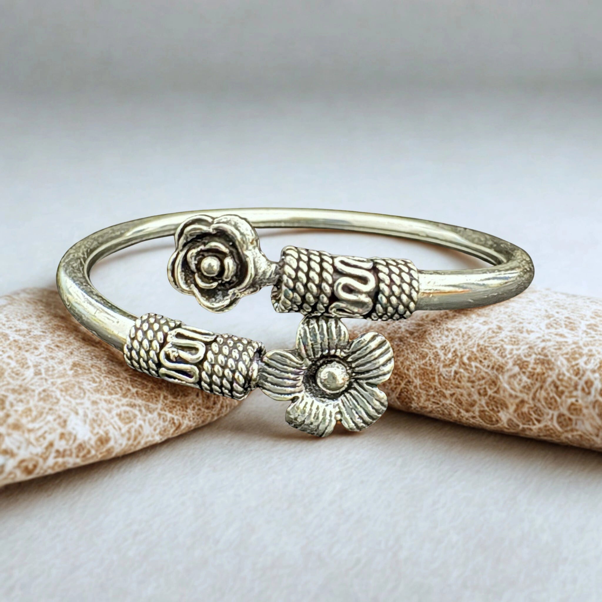 Sterling Silver Floral Open Cuff Bracelet