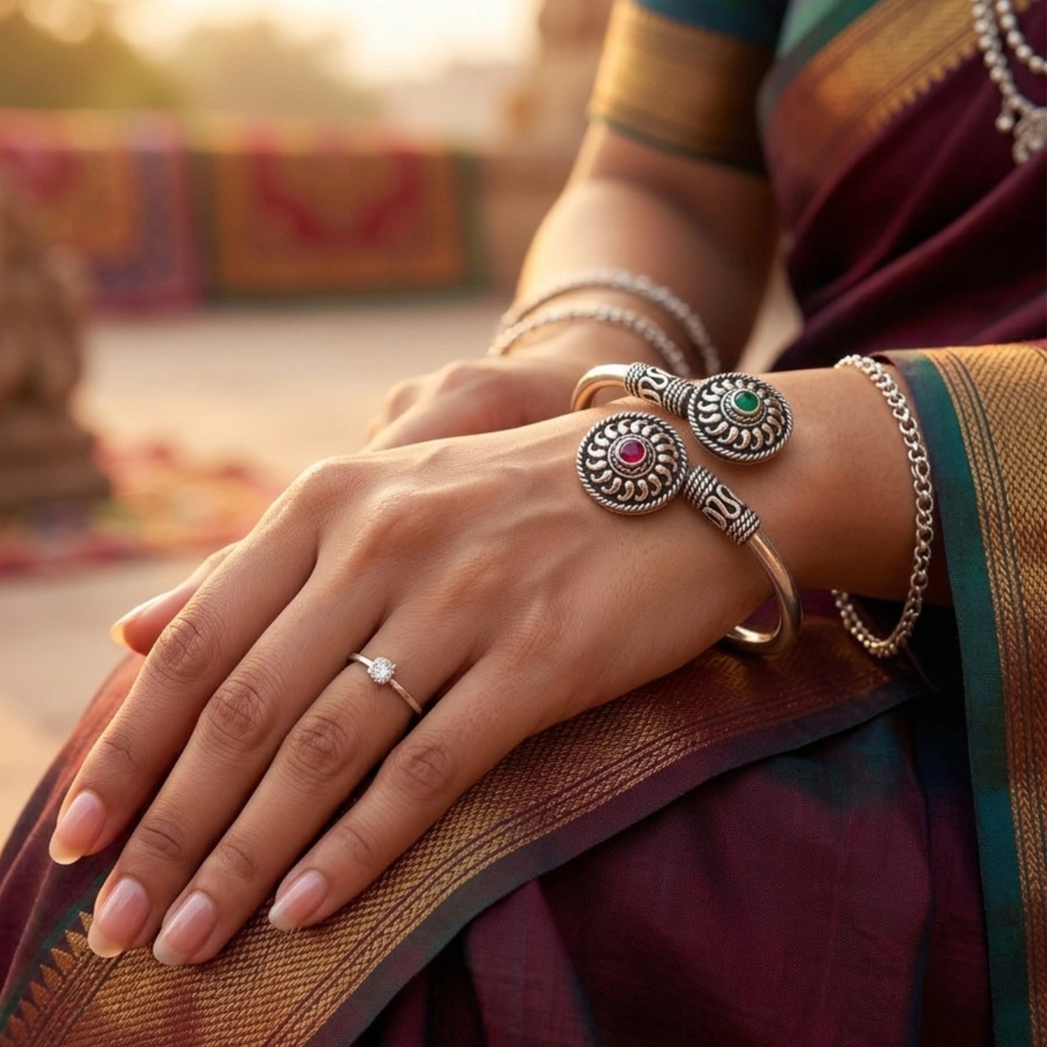 Close-up of a hand wearing a ring and bangles with a blurred background