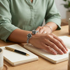 Person wearing silver bracelets and rings on a desk with notebooks and a pen.