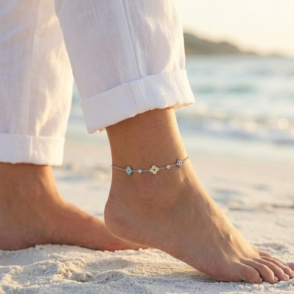 Closeup of Indian woman wearing Vigilant Glimmer Multi-Color Charm Anklet 