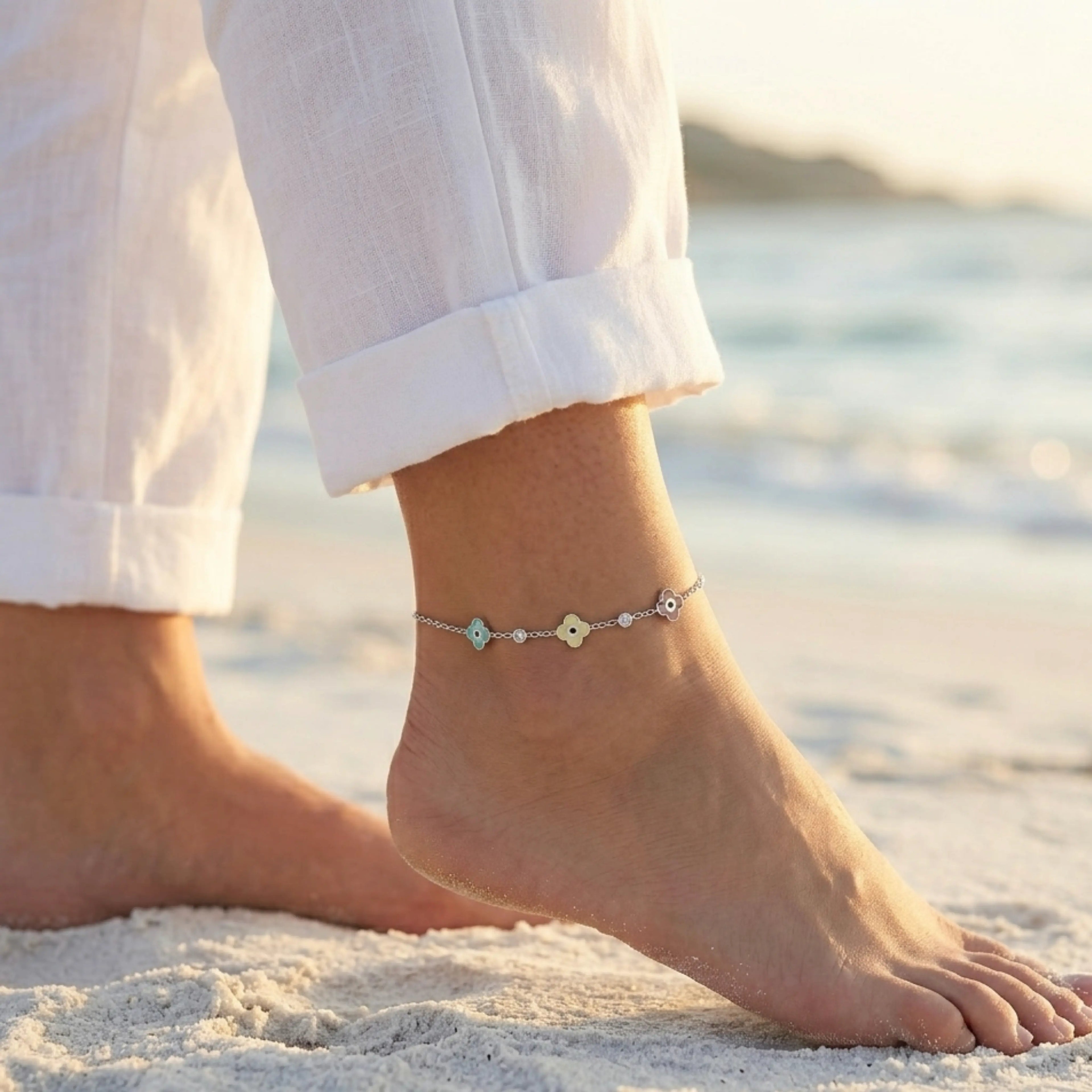 Closeup of Indian woman wearing Vigilant Glimmer Multi-Color Charm Anklet 