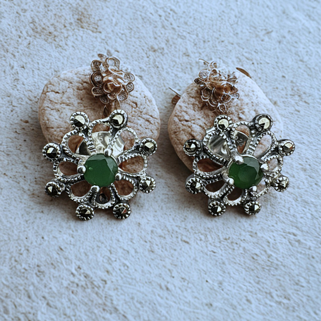 Sterling Silver Floral Stud Earrings with Green Gemstone
