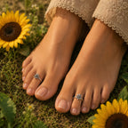 Feet with star-shaped toe rings on grass with sunflowers