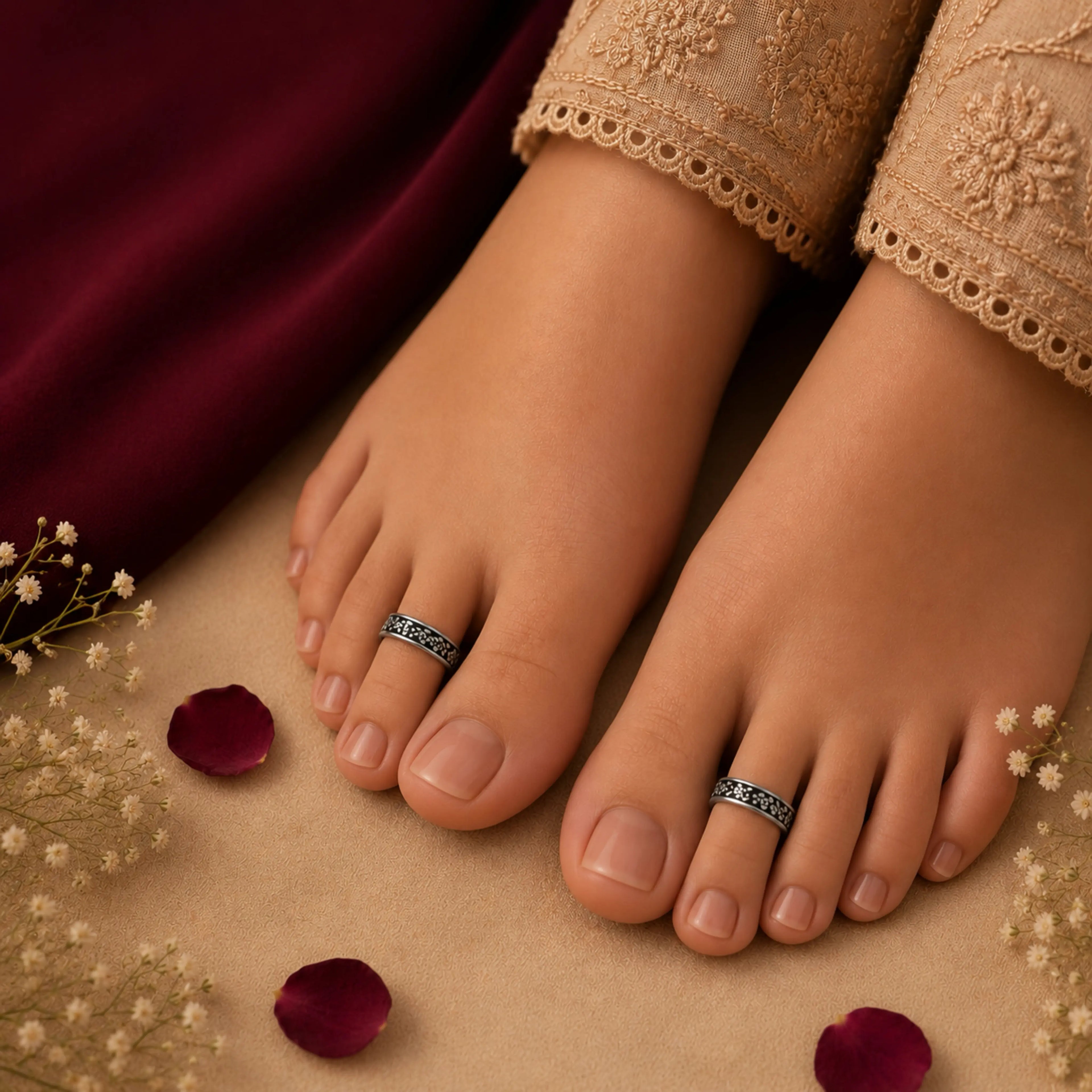Feet with toe rings surrounded by red petals and small flowers on a beige surface