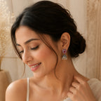 Magenta Floral Oxidized Silver Jhumka Earrings