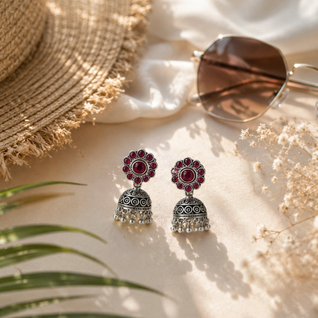Magenta Floral Oxidized Silver Jhumka Earrings