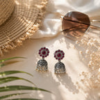 Magenta Floral Oxidized Silver Jhumka Earrings