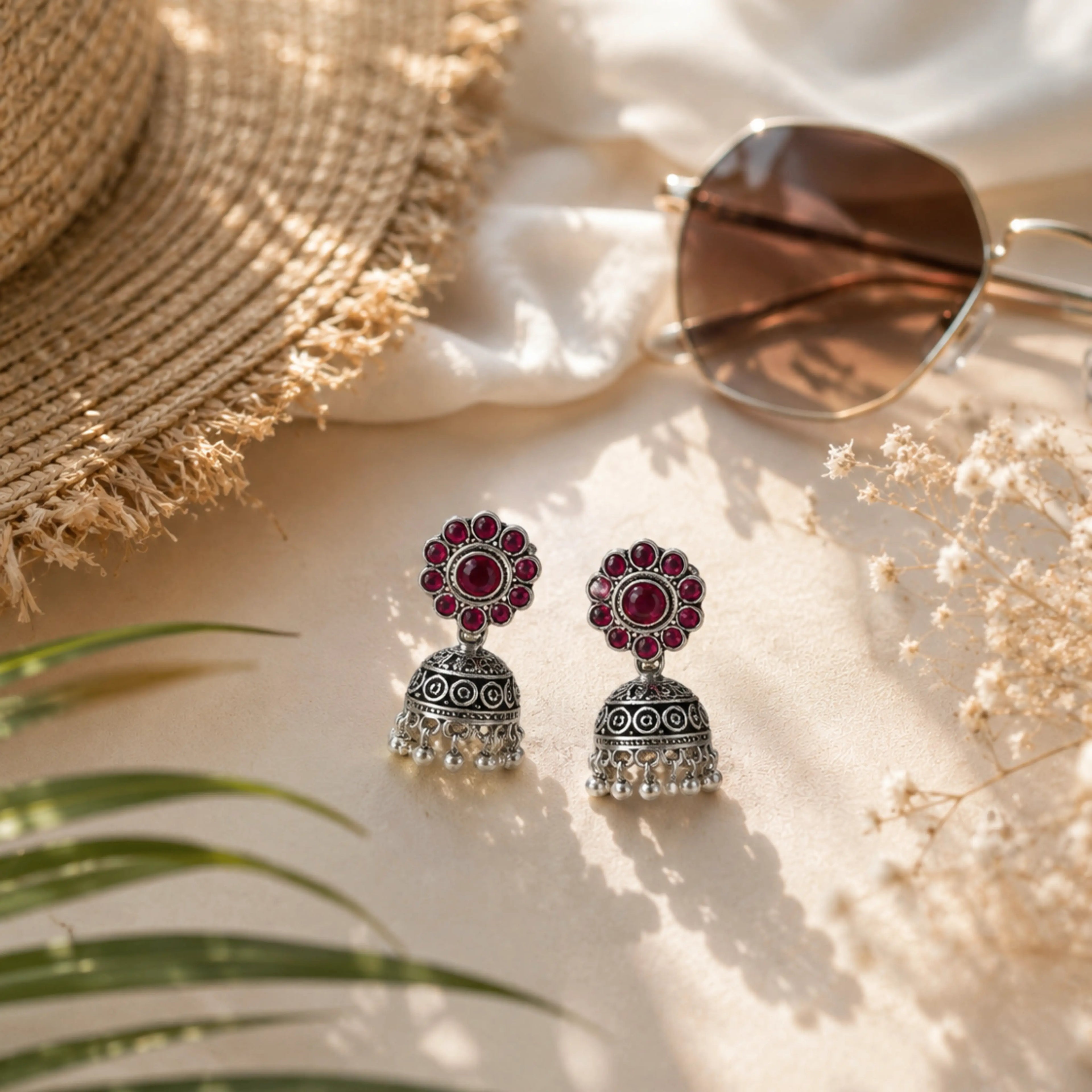 Magenta Floral Oxidized Silver Jhumka Earrings