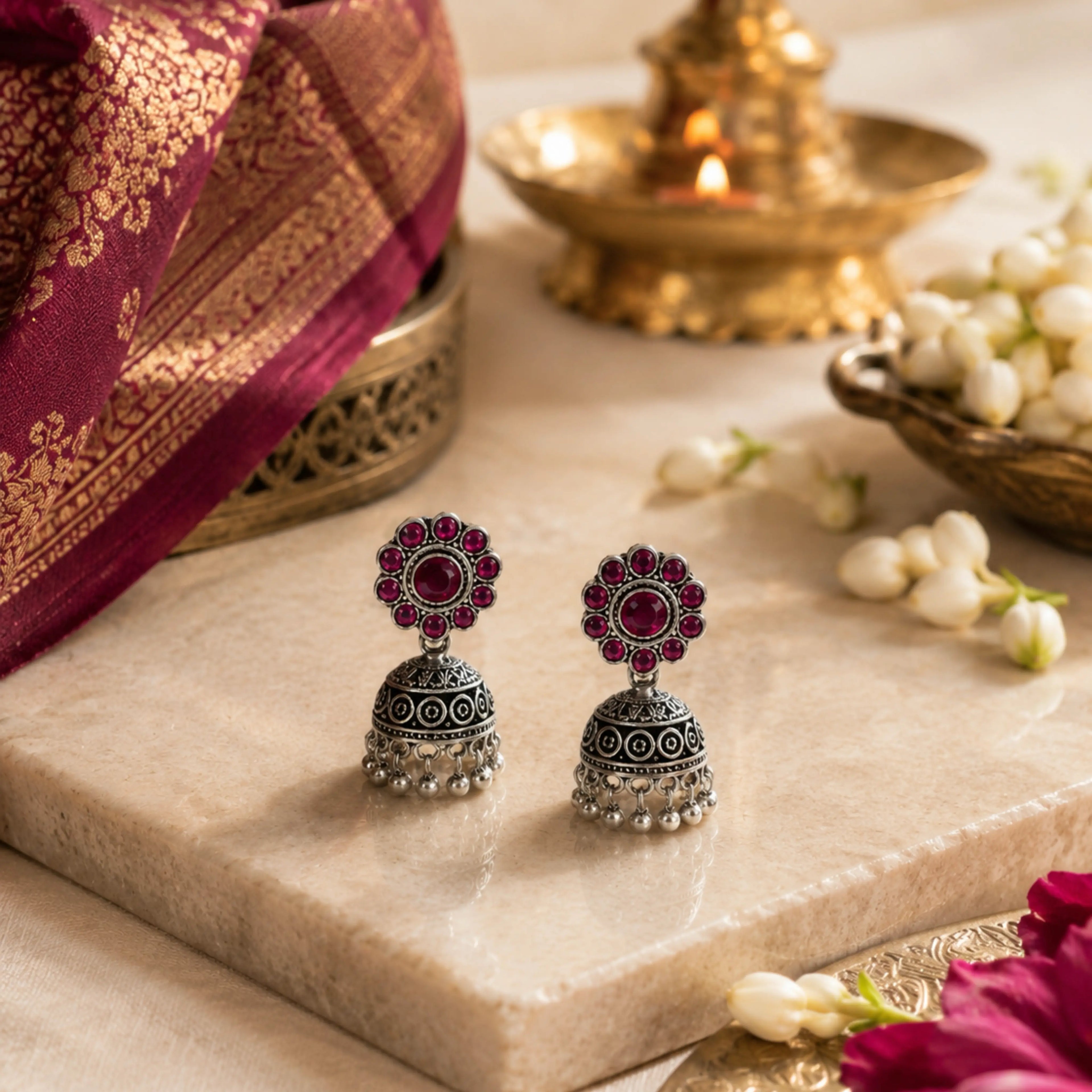 Magenta Floral Oxidized Silver Jhumka Earrings