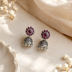 Magenta Floral Oxidized Silver Jhumka Earrings