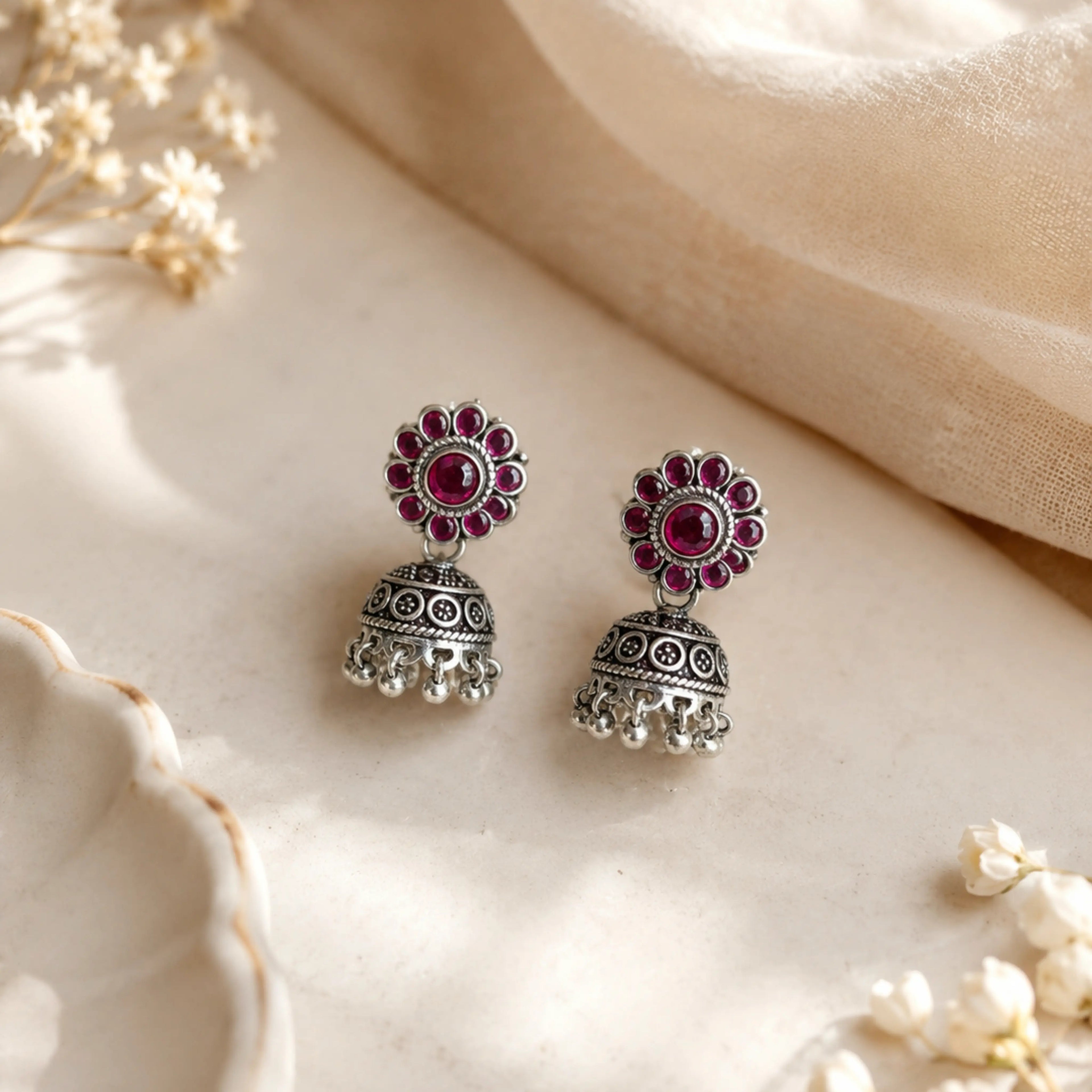 Magenta Floral Oxidized Silver Jhumka Earrings