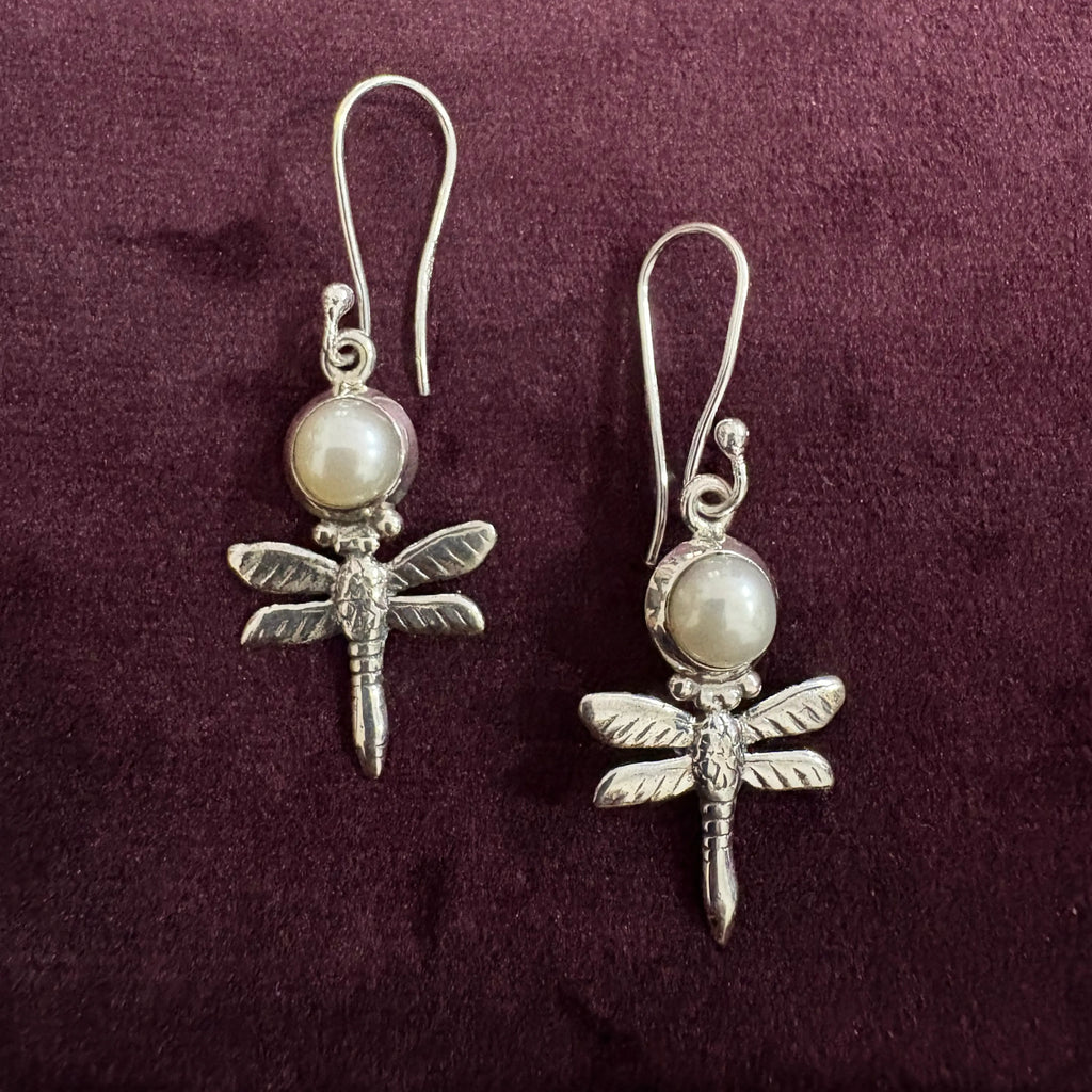 Pearl Dragonfly Sterling Silver Earrings