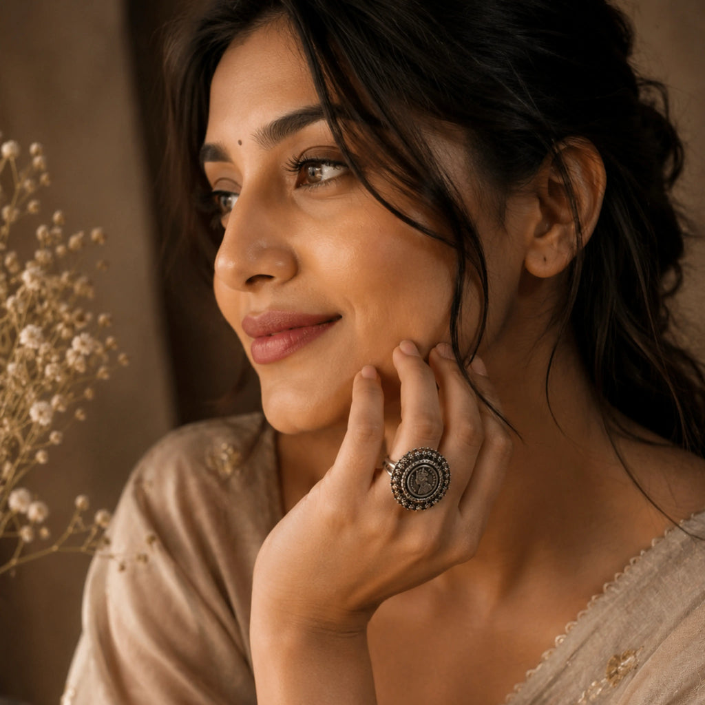 Woman wearing a victoria ring, with a soft focus background