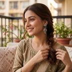 Woman sitting on a balcony with plants and buildings in the background and showcasing earrings