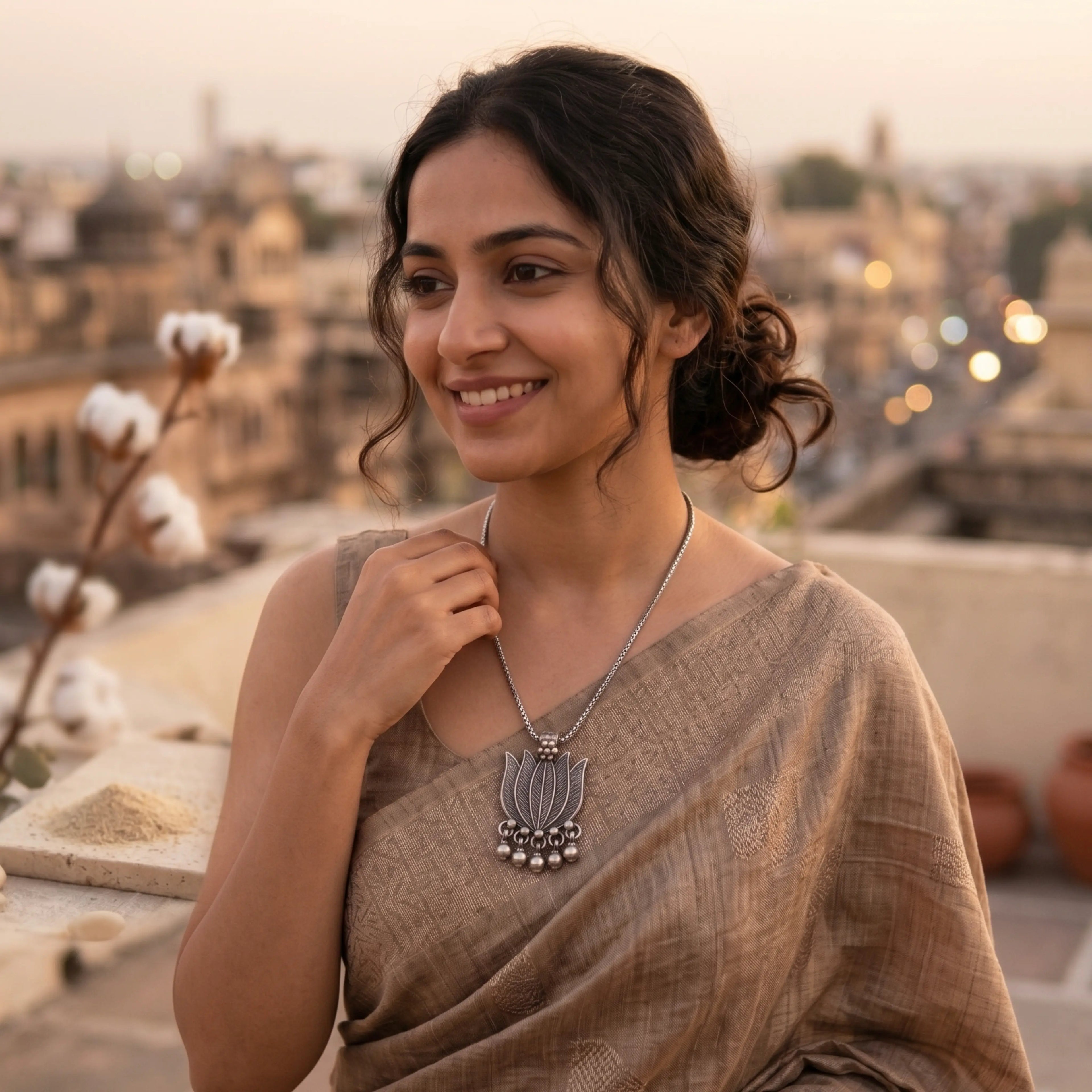 Woman wearing a silver necklace with lotus pendant blurred cityscape in the background