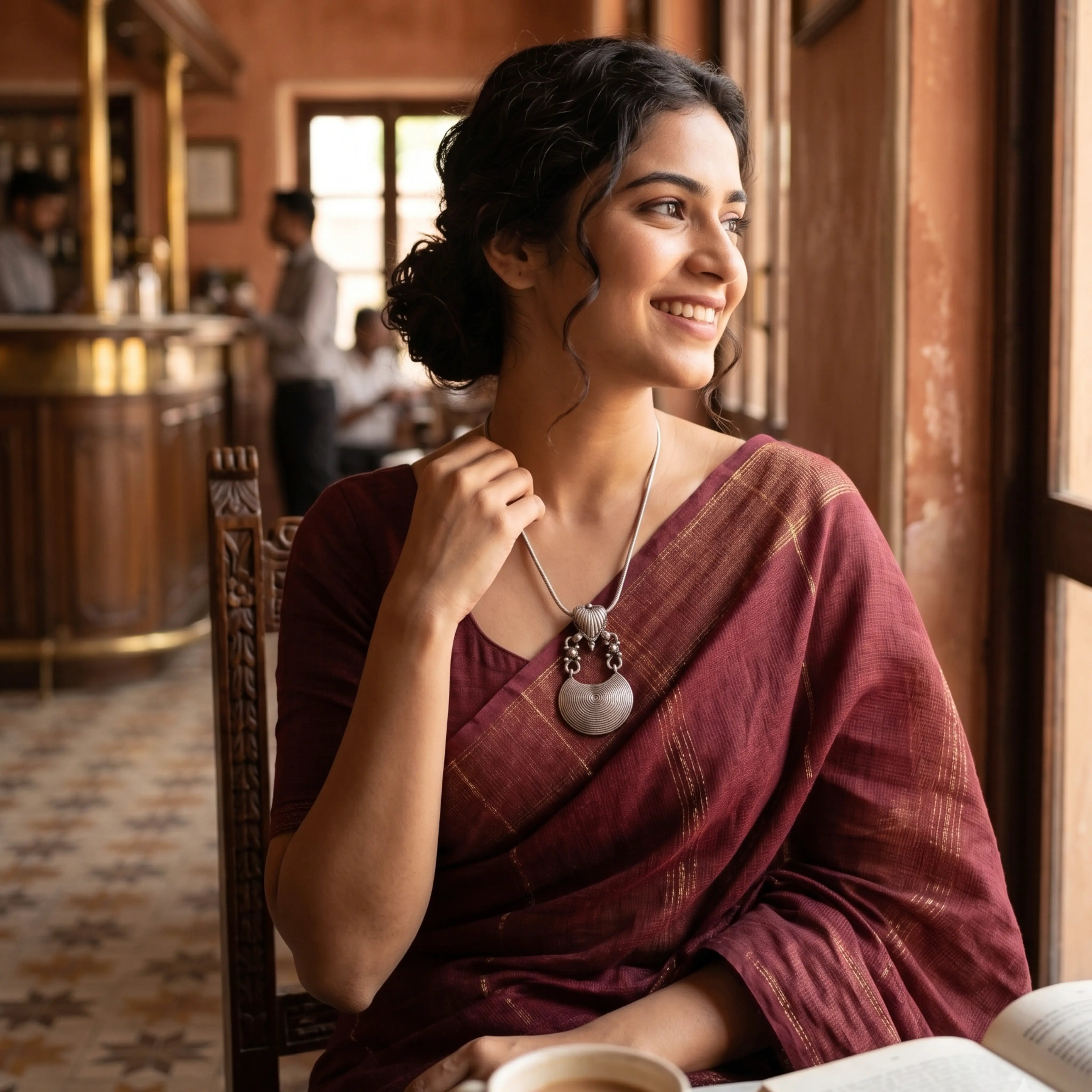 Woman in a maroon saree sitting indoors, smiling showcasing silver necklace