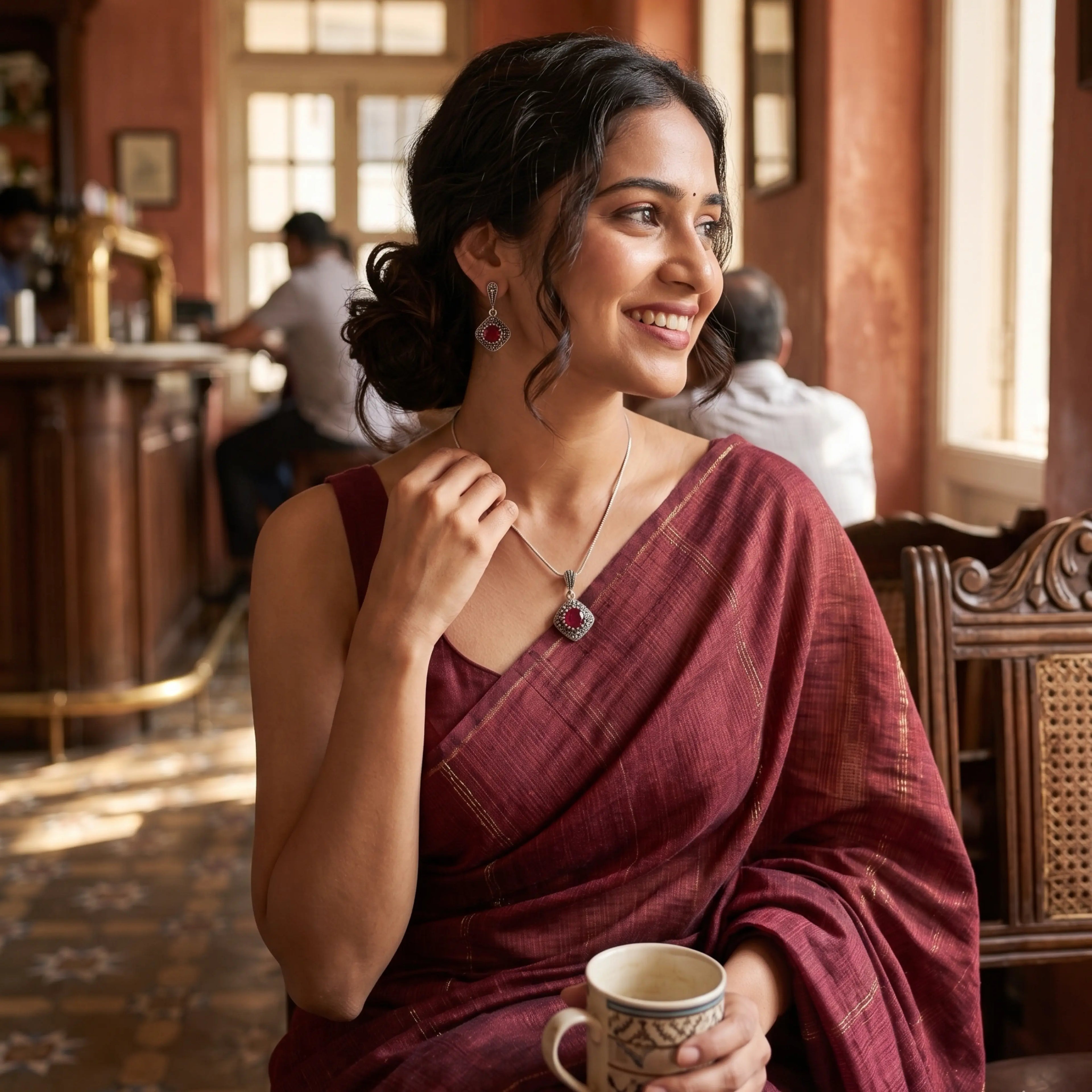 Woman wearing maroon saree sitting indoors and showcasing a necklace with earrings 