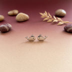 Silver whale-shaped earrings on a beige surface with stones and leaves in the background