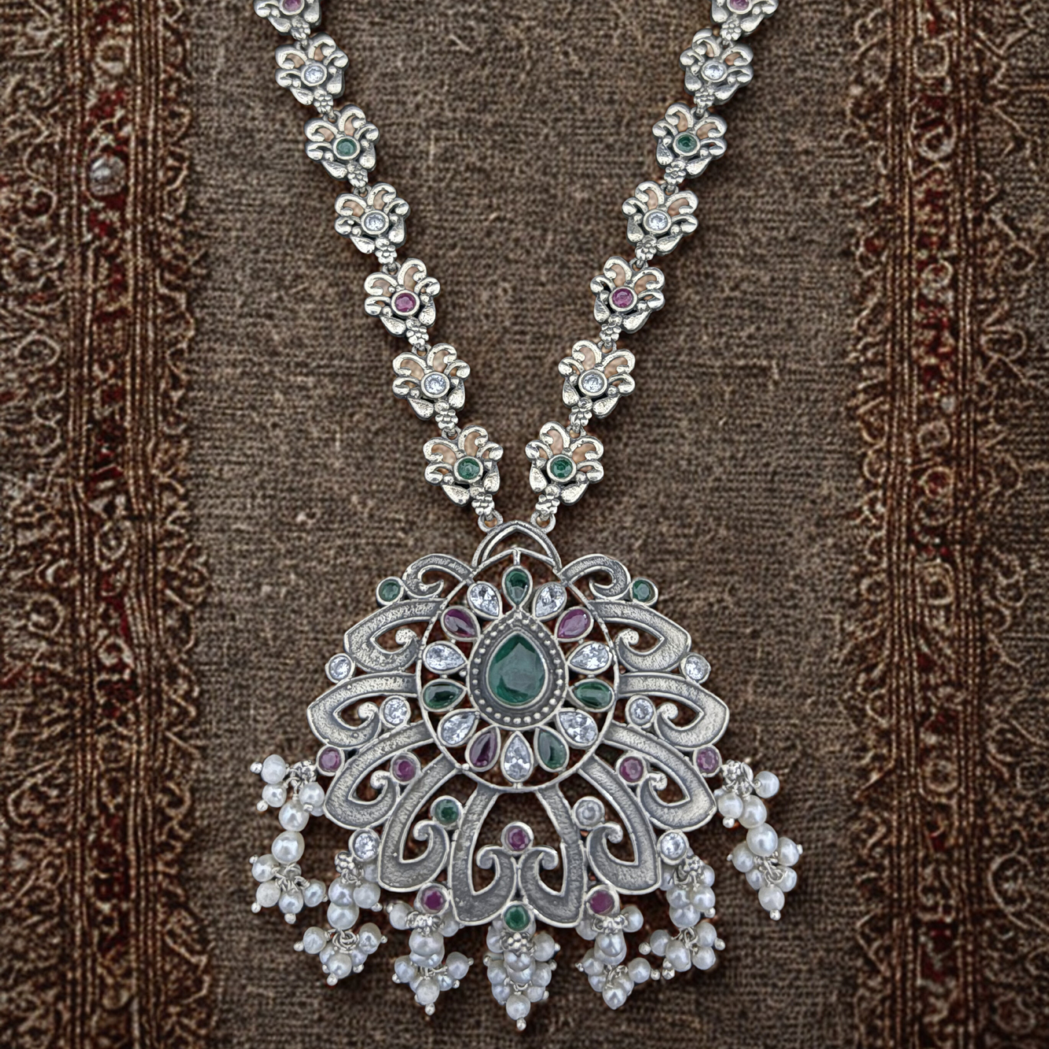 Statement Sterling Silver Necklace with Multi-Gemstone Accents