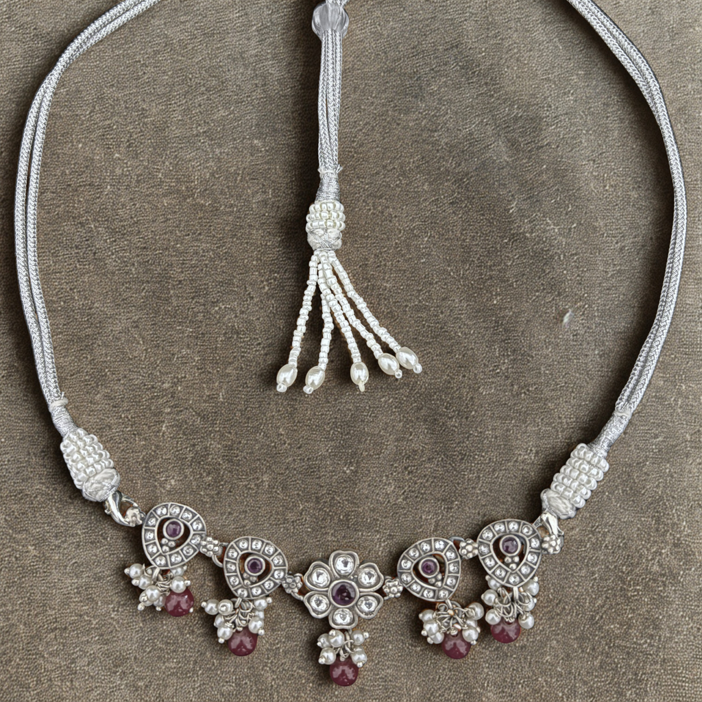 Sterling Silver Necklace with Ruby and Pearl Accents