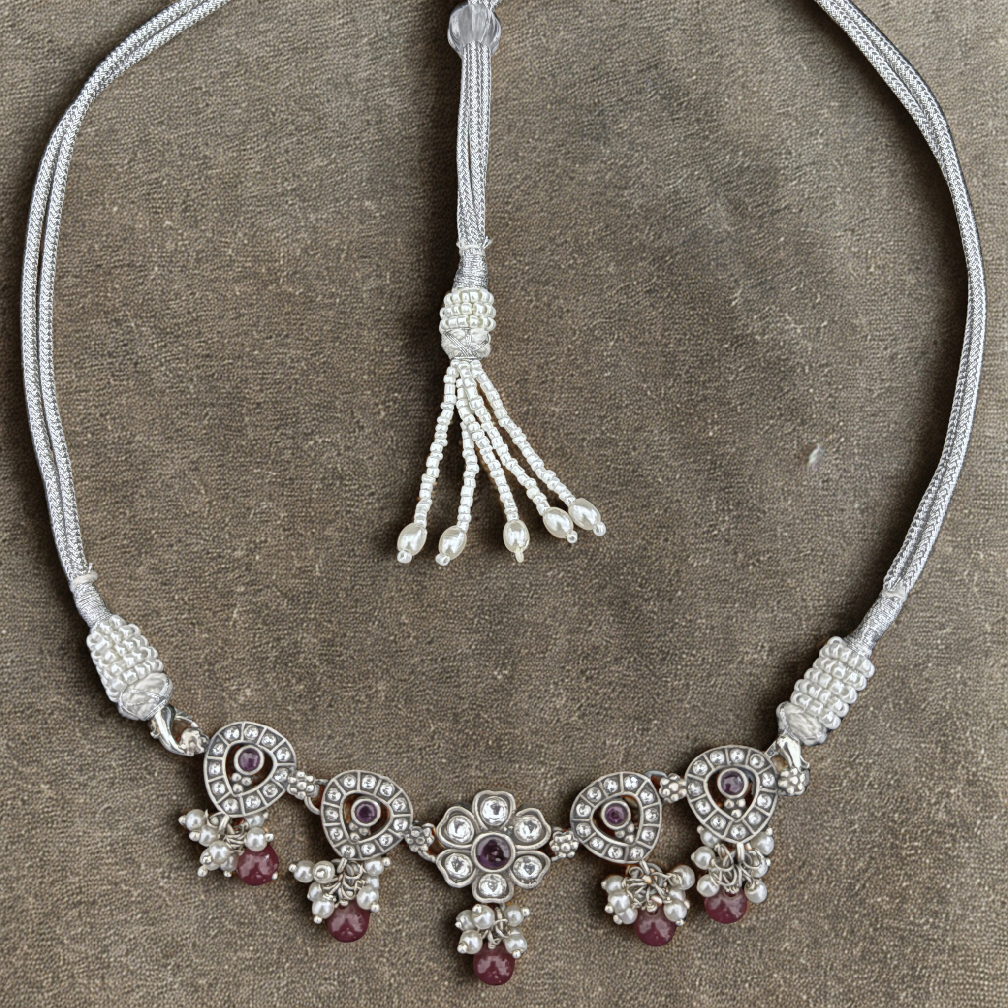 Sterling Silver Necklace with Ruby and Pearl Accents