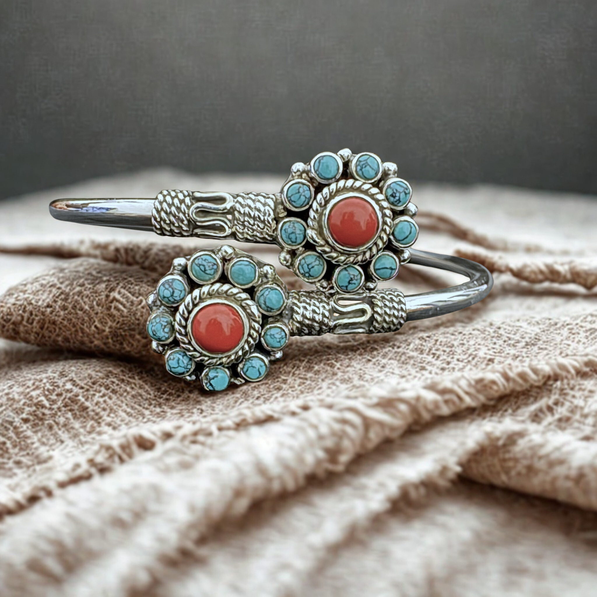 Turquoise and Coral Stones Sterling Silver Bracelet