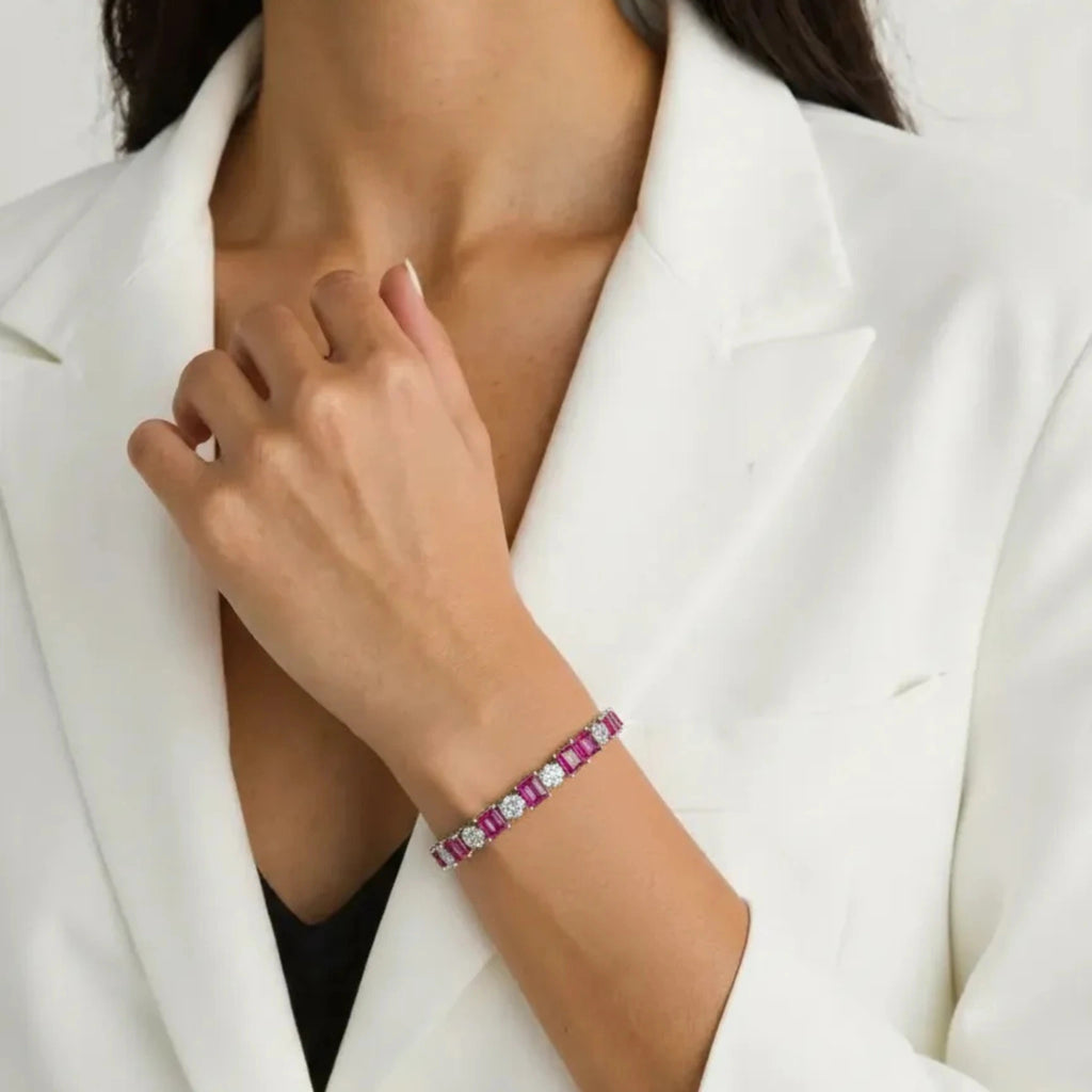 Sterling Silver Bracelet with Pink Gemstones and Clear Crystals