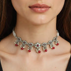 Sterling Silver Necklace with Ruby and Pearl Accents - Bhavya Silvers