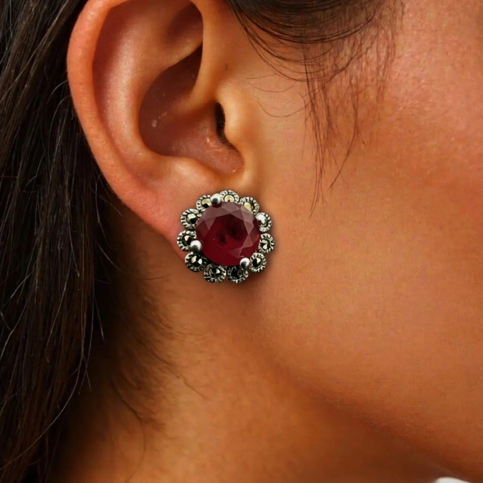 Sterling Silver Stud Earrings with Deep Red Faceted Stone