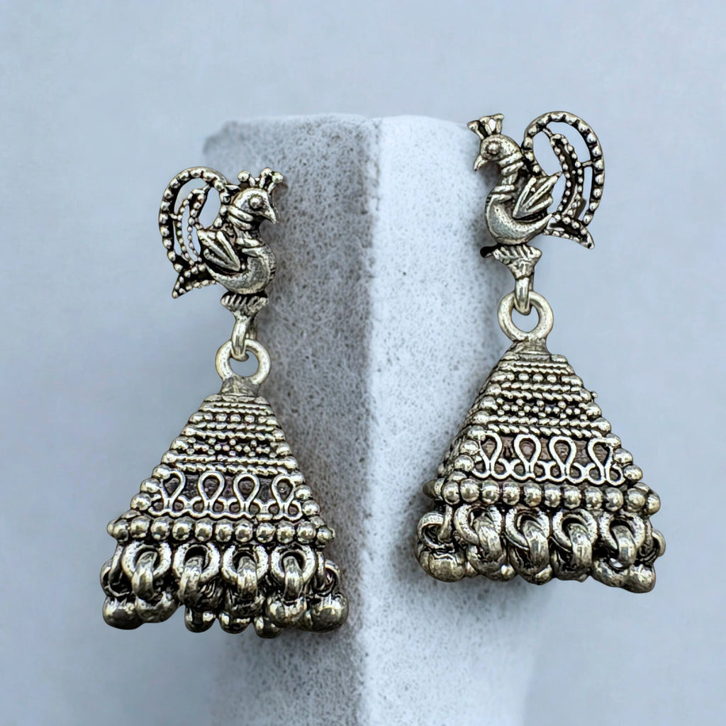 Oxidized Silver Peacock Jhumka Earrings Traditional Design