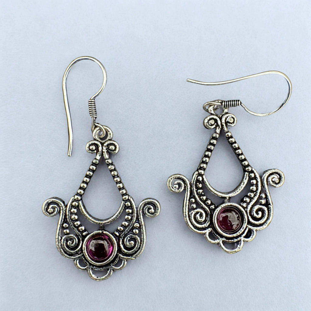 Vintage Filigree 92.5 Silver Earrings with Purple Gemstone